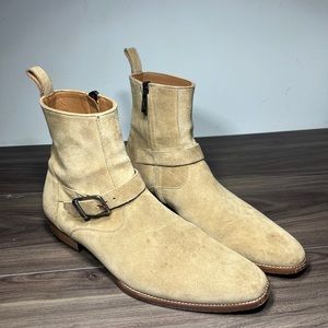 ORO Ankle Strap Boots Beige Suede Buckle Zip Side Pull On Dress Shoes Mens Sz 9
